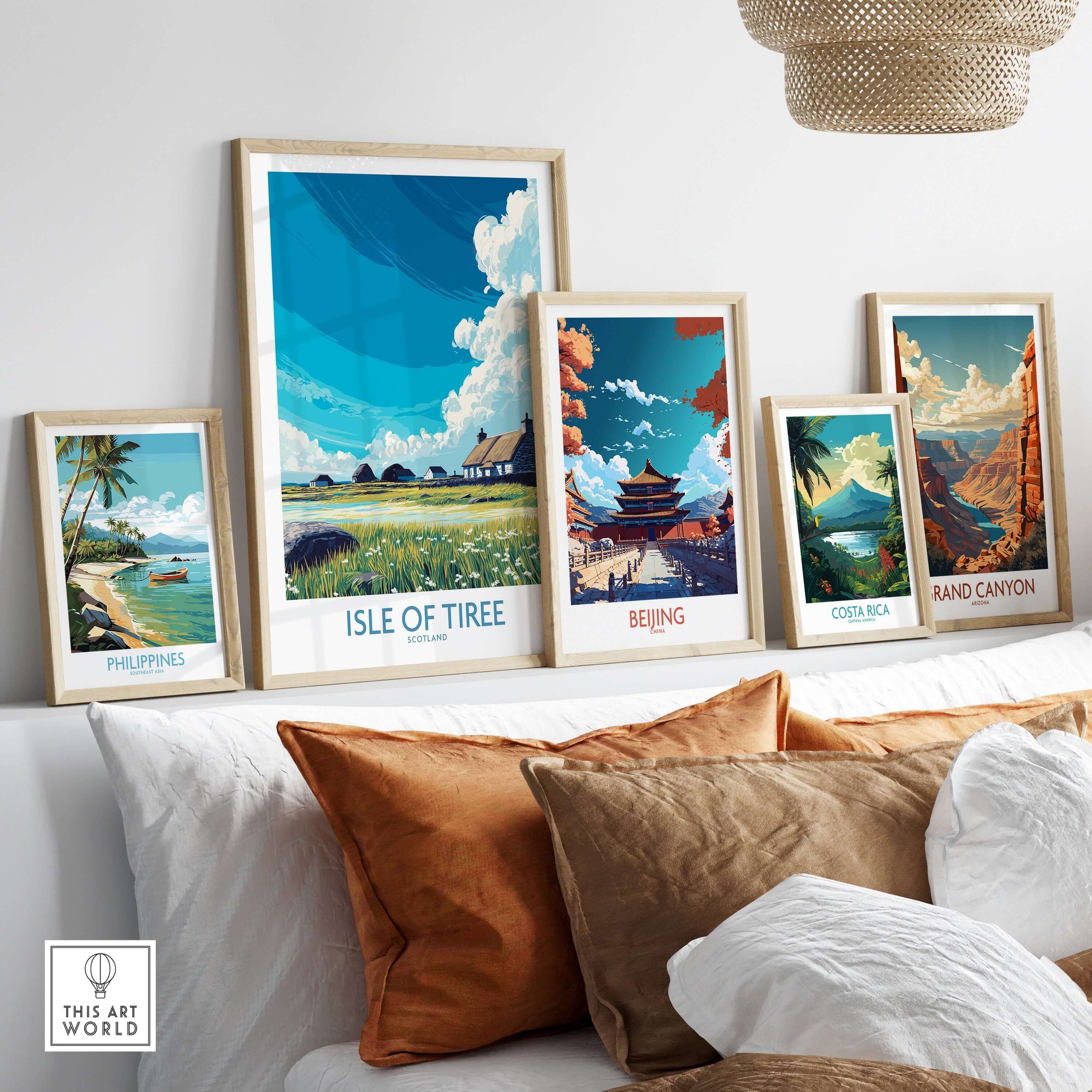 Showcasing the Isle of Tiree Scotland Art Print among other travel destination art prints in a stylish living room setting.