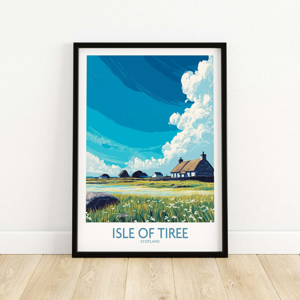 Isle of Tiree Scotland Art Print featuring a vibrant landscape with a blue sky and traditional Scottish cottages.