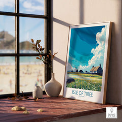 Isle of Tiree Scotland Art Print displayed on a wooden table with a vase, showcasing the island's beautiful landscape.