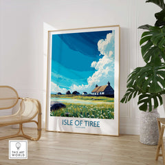 Isle of Tiree Scotland Art Print depicting a scenic landscape with blue skies and traditional cottages.