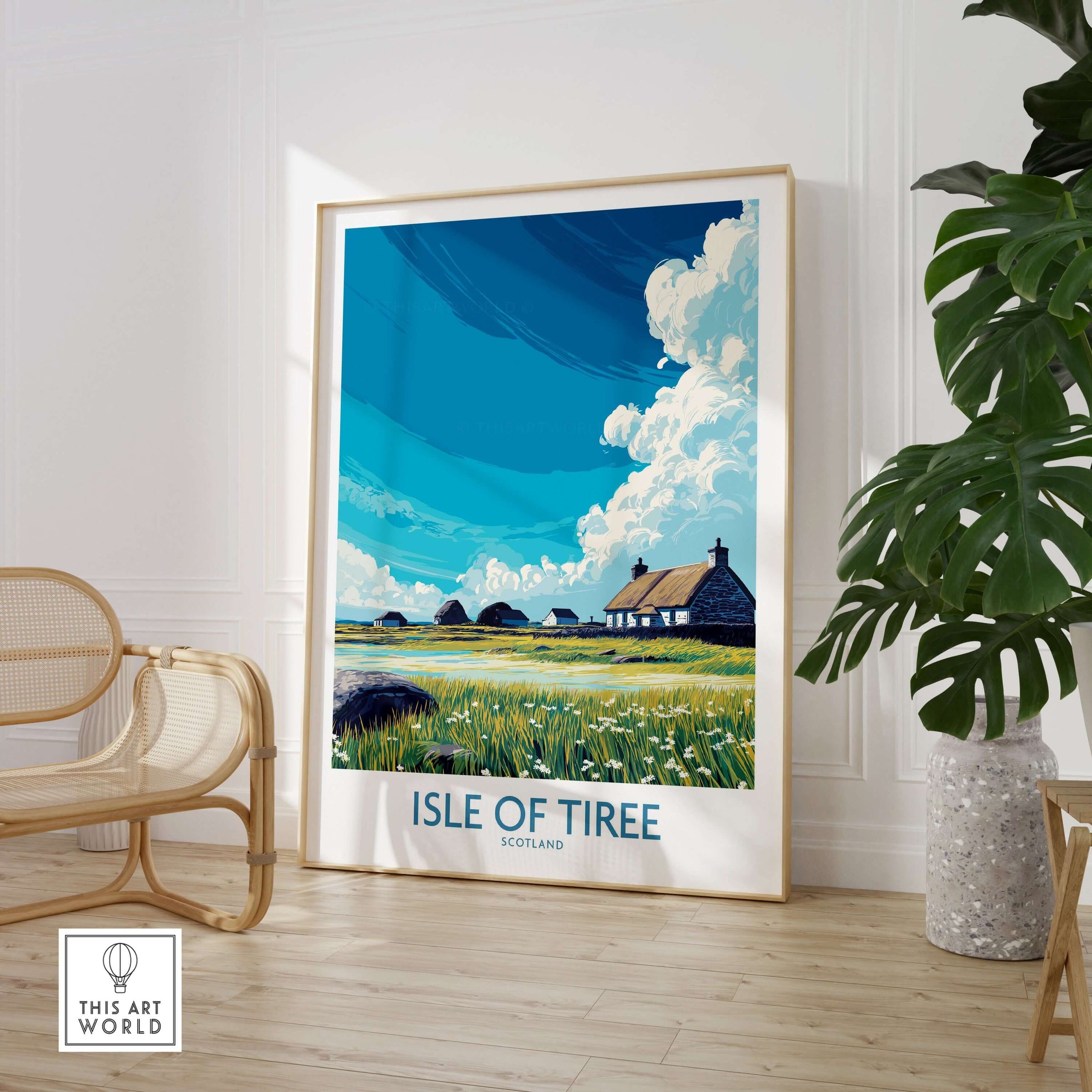 Isle of Tiree Scotland Art Print depicting a scenic landscape with blue skies and traditional cottages.