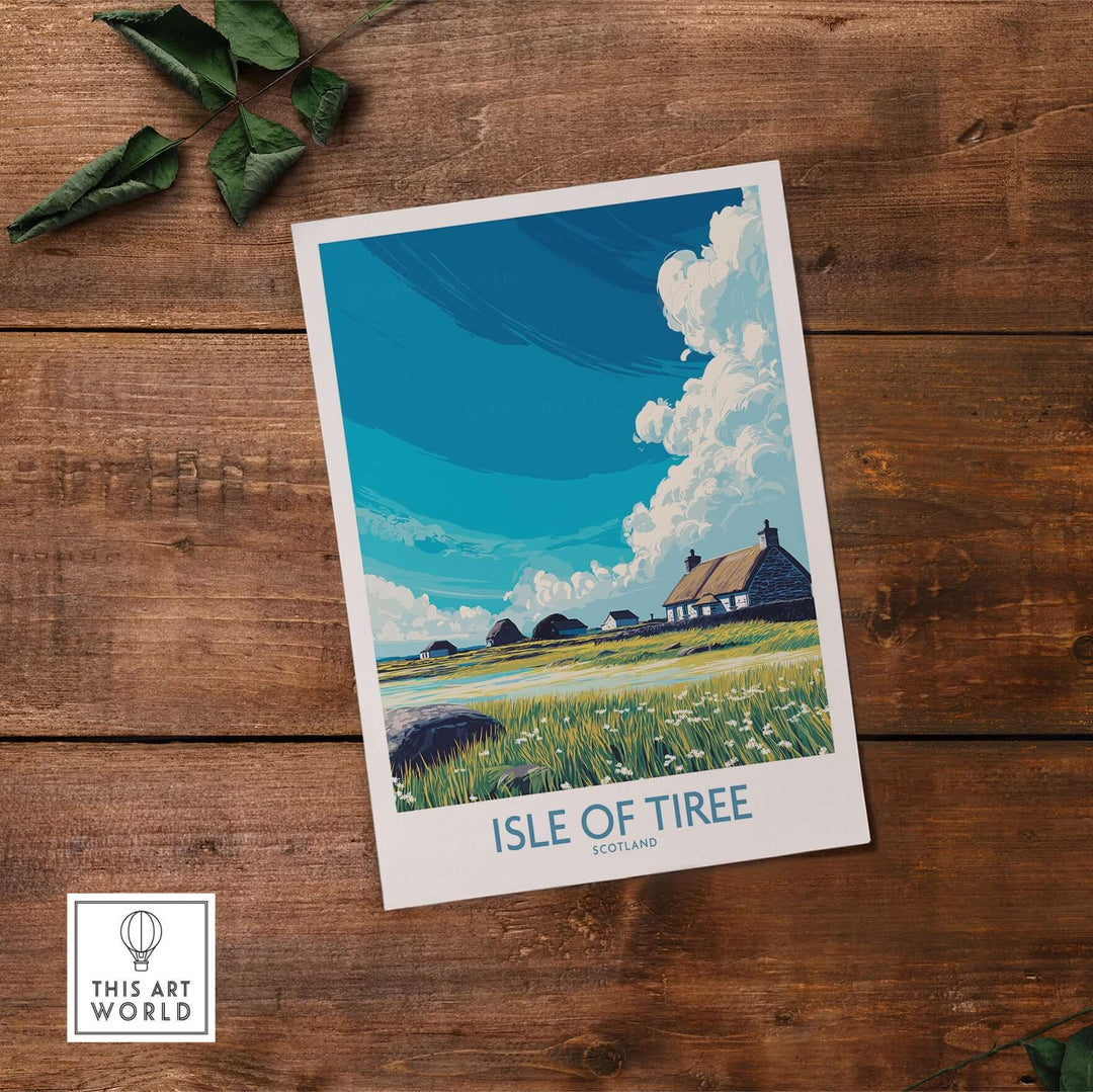 Isle of Tiree Scotland Art Print depicting a vibrant landscape of the Isle of Tiree with a rustic home and blue skies.