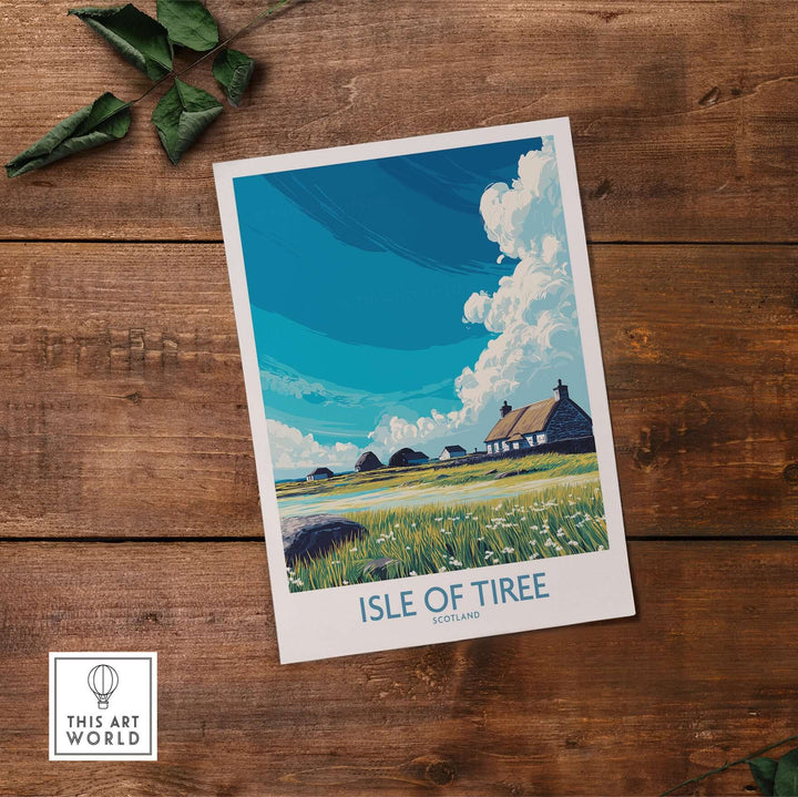 Isle of Tiree Scotland Art Print depicting a vibrant landscape of the Isle of Tiree with a rustic home and blue skies.