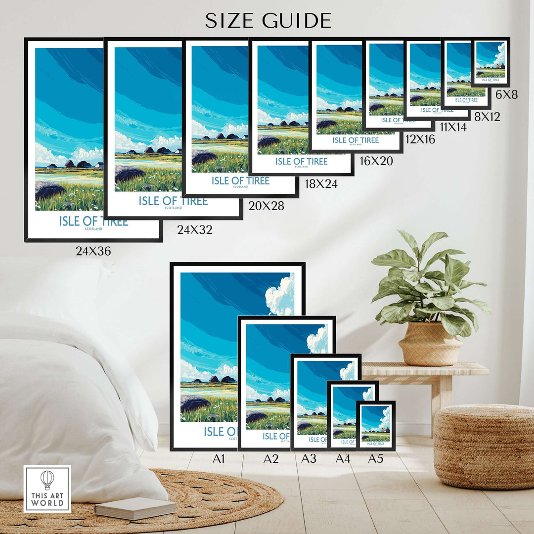 Isle of Tiree Scotland Art Print size guide showcasing various frame sizes for art display.