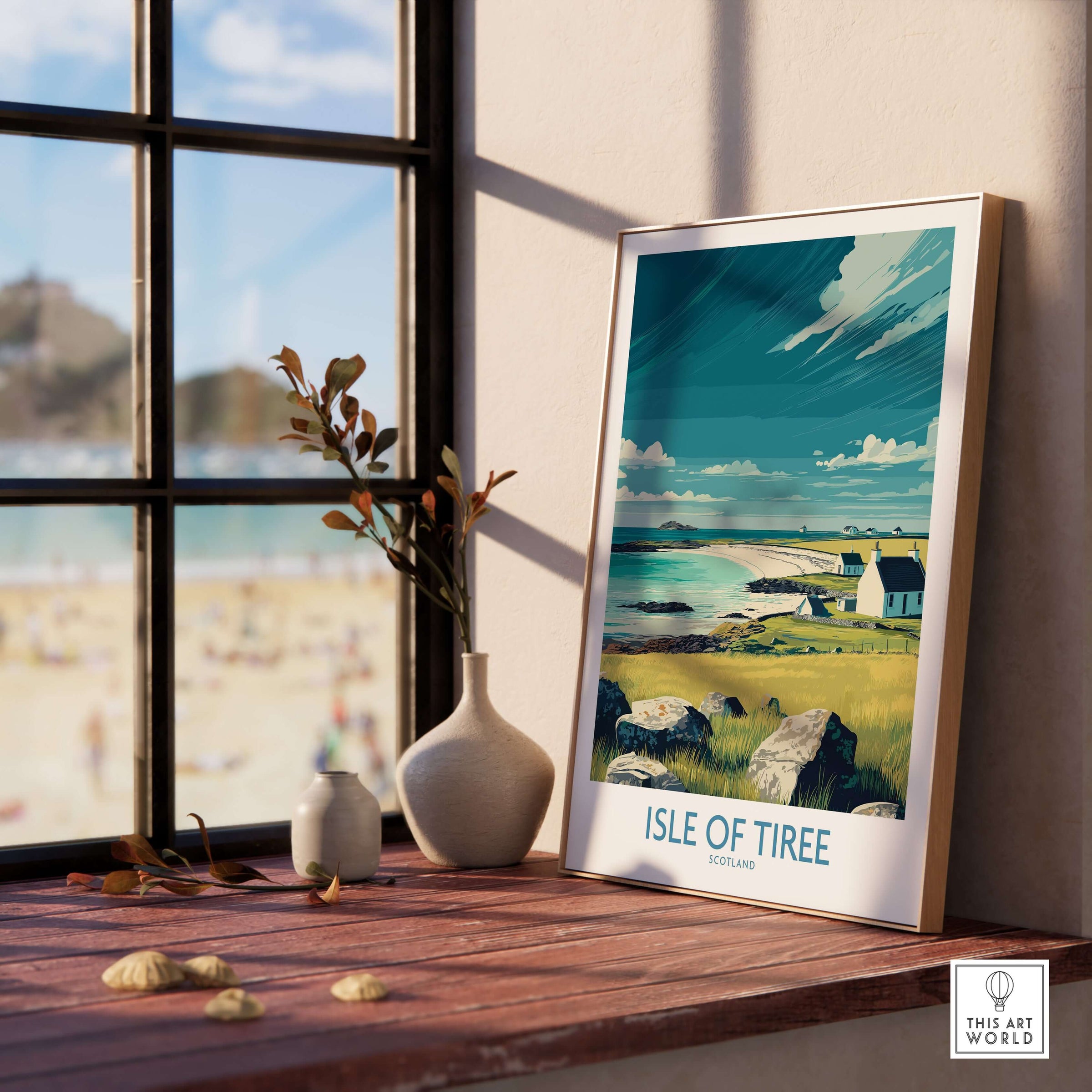 Isle of Tiree Scotland Beach Art Print | Coastal Town View Poster displayed near a window, showcasing serene coastal scenery.