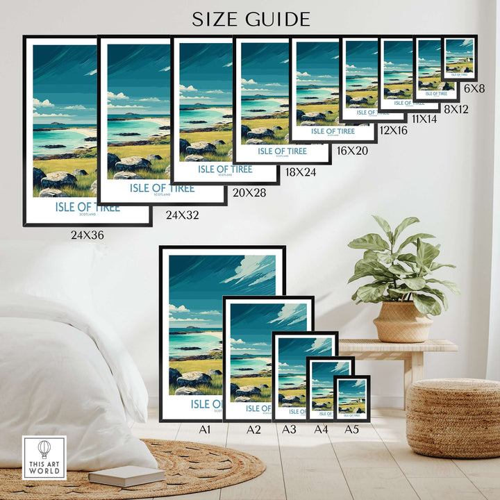 Isle of Tiree Scotland Beach Art Print | Coastal Town View Poster size guide with various frame sizes.