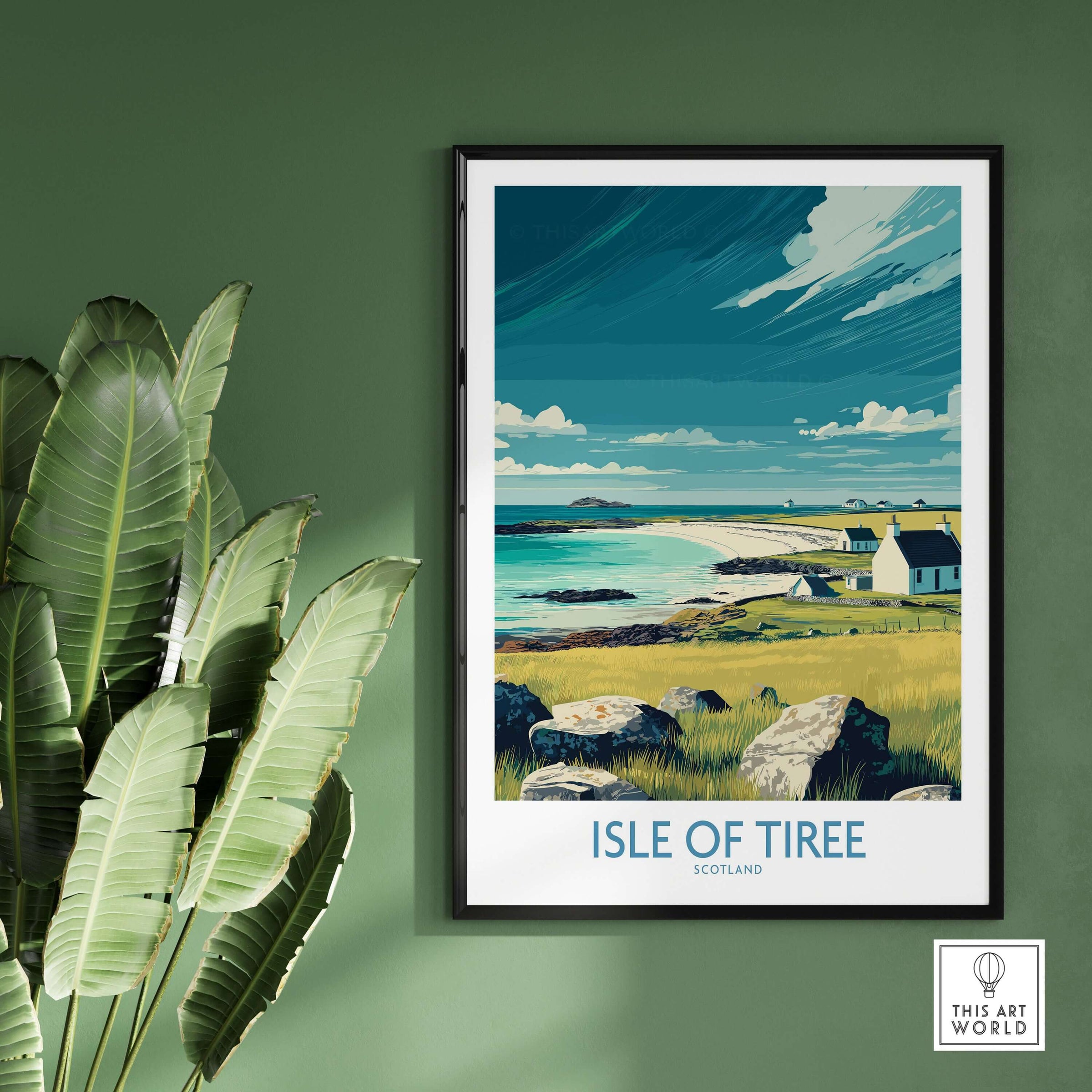 Isle of Tiree Scotland Beach Art Print | Coastal Town View Poster showcasing a serene coastal scene with vibrant colors.