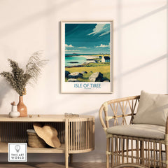 Isle of Tiree Scotland Beach Art Print | Coastal Town View Poster displayed in a stylish living room setting.