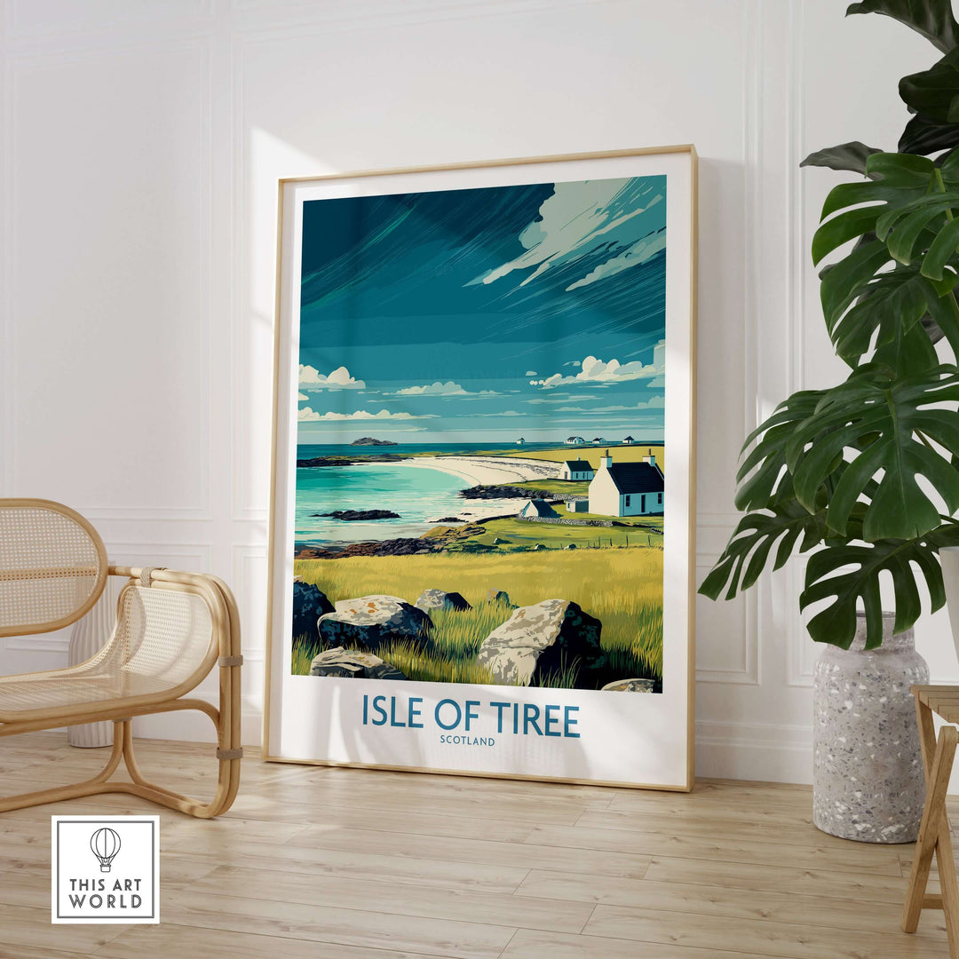 Isle of Tiree Scotland Beach Art Print | Coastal Town View Poster displayed in a stylish interior with plants.