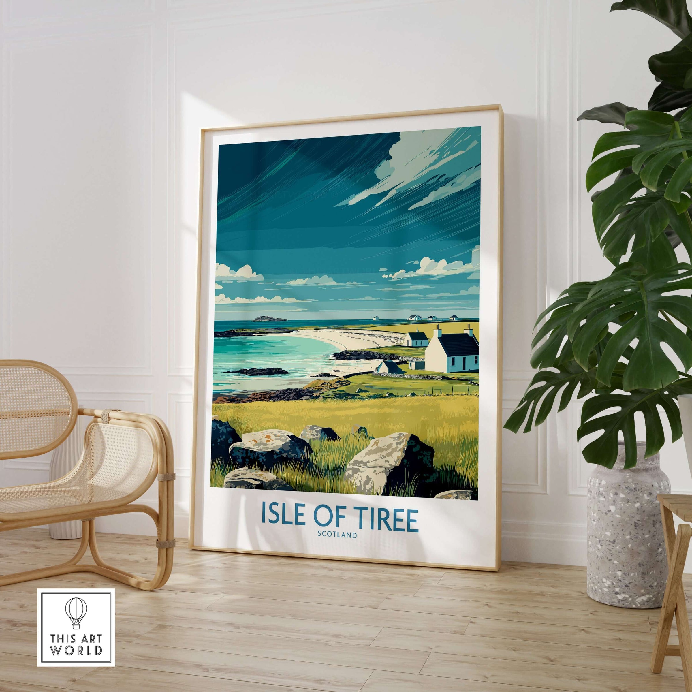 Isle of Tiree Scotland Beach Art Print | Coastal Town View Poster featuring a serene coastal scene.