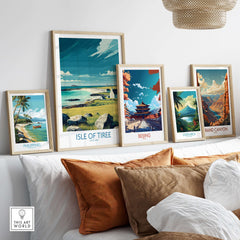 Isle of Tiree Scotland Beach Art Print | Coastal Town View Poster displayed among other travel art prints on a stylish wall.