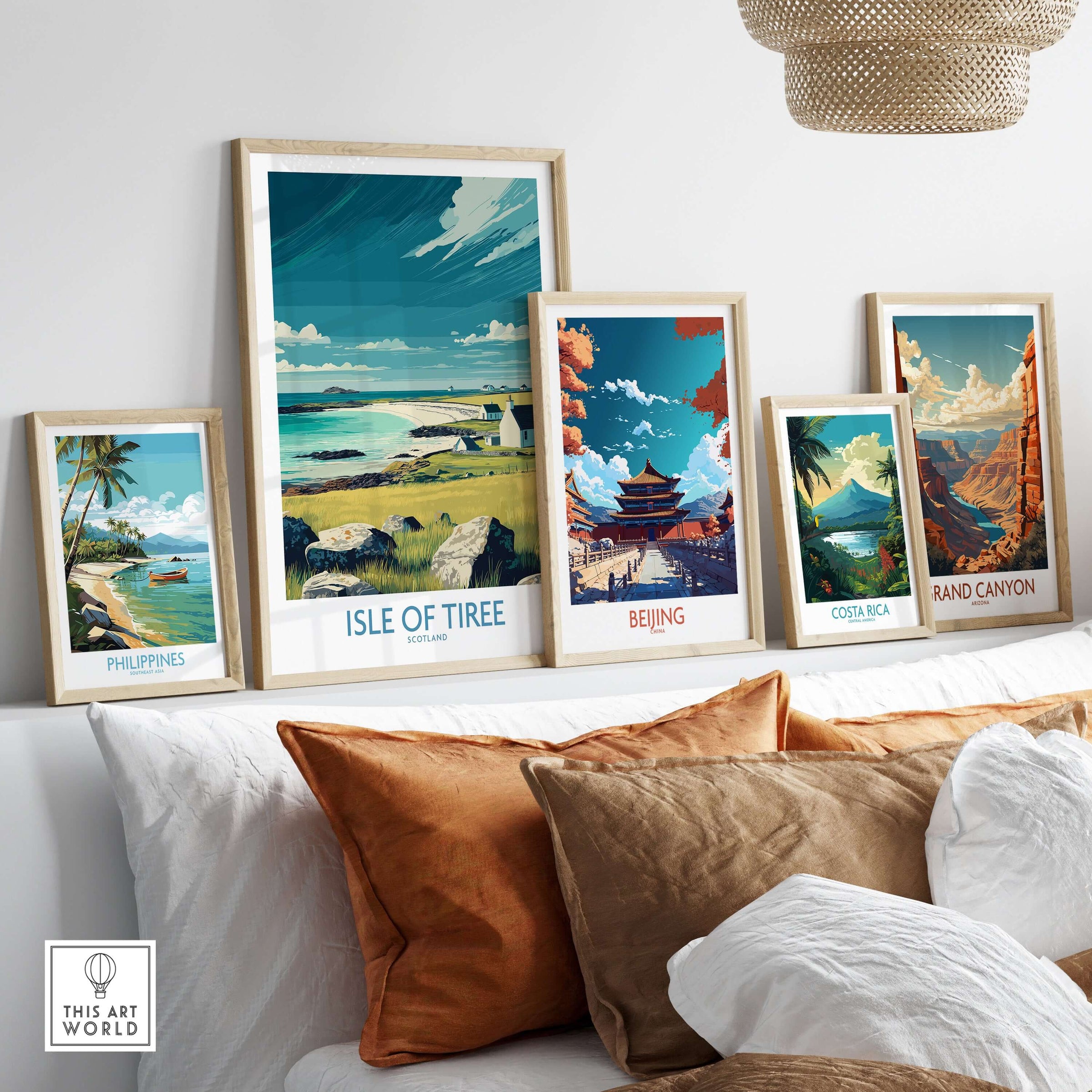 Isle of Tiree Scotland Beach Art Print | Coastal Town View Poster displayed among other travel art prints on a stylish wall.