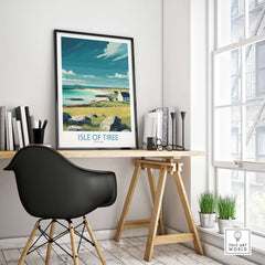 Isle of Tiree Scotland Beach Art Print | Coastal Town View Poster displayed in a cozy office space.