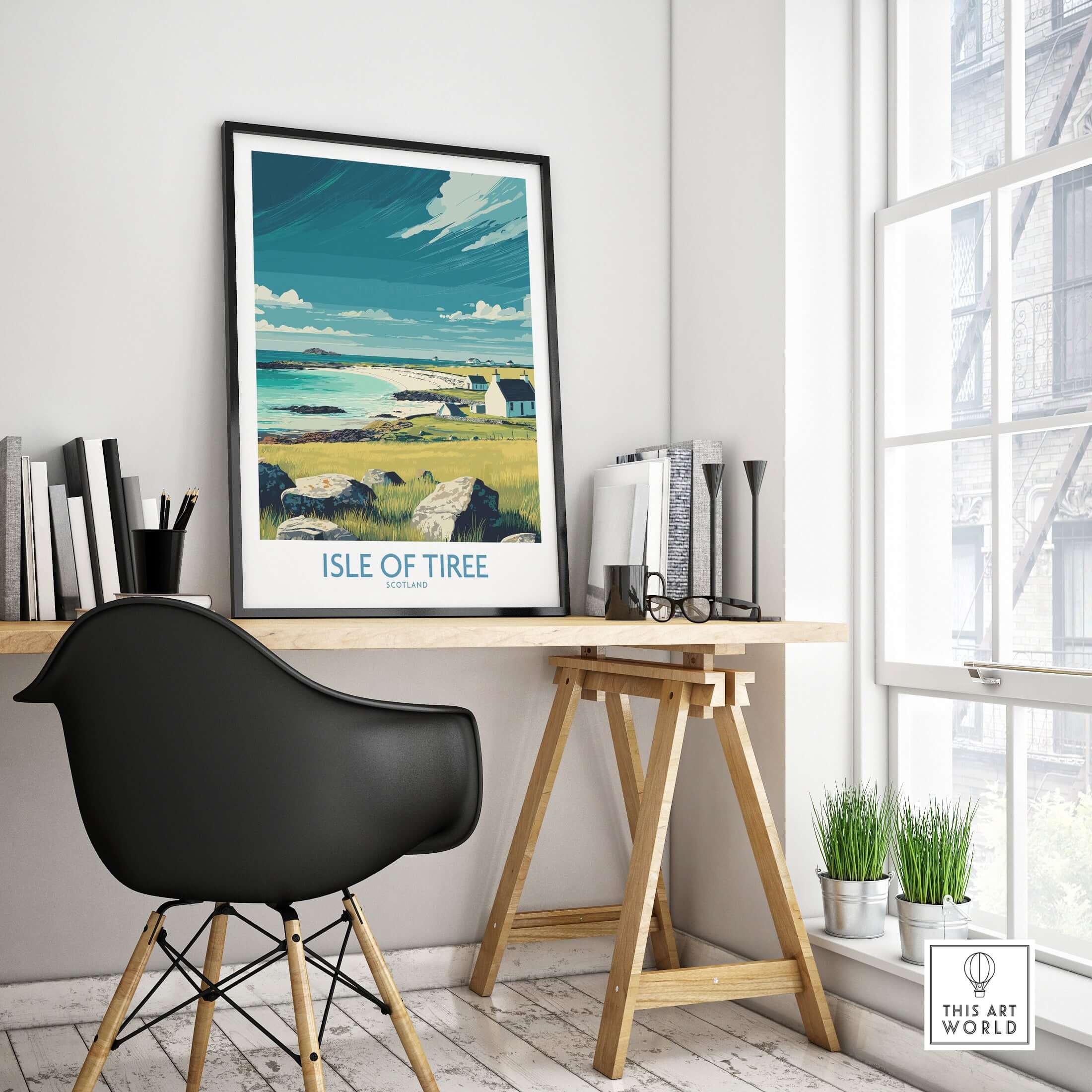 Isle of Tiree Scotland Beach Art Print | Coastal Town View Poster displayed in a cozy office space.