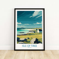 Isle of Tiree Scotland Beach Art Print | Coastal Town View Poster showcasing a serene coastal scene with cottages.