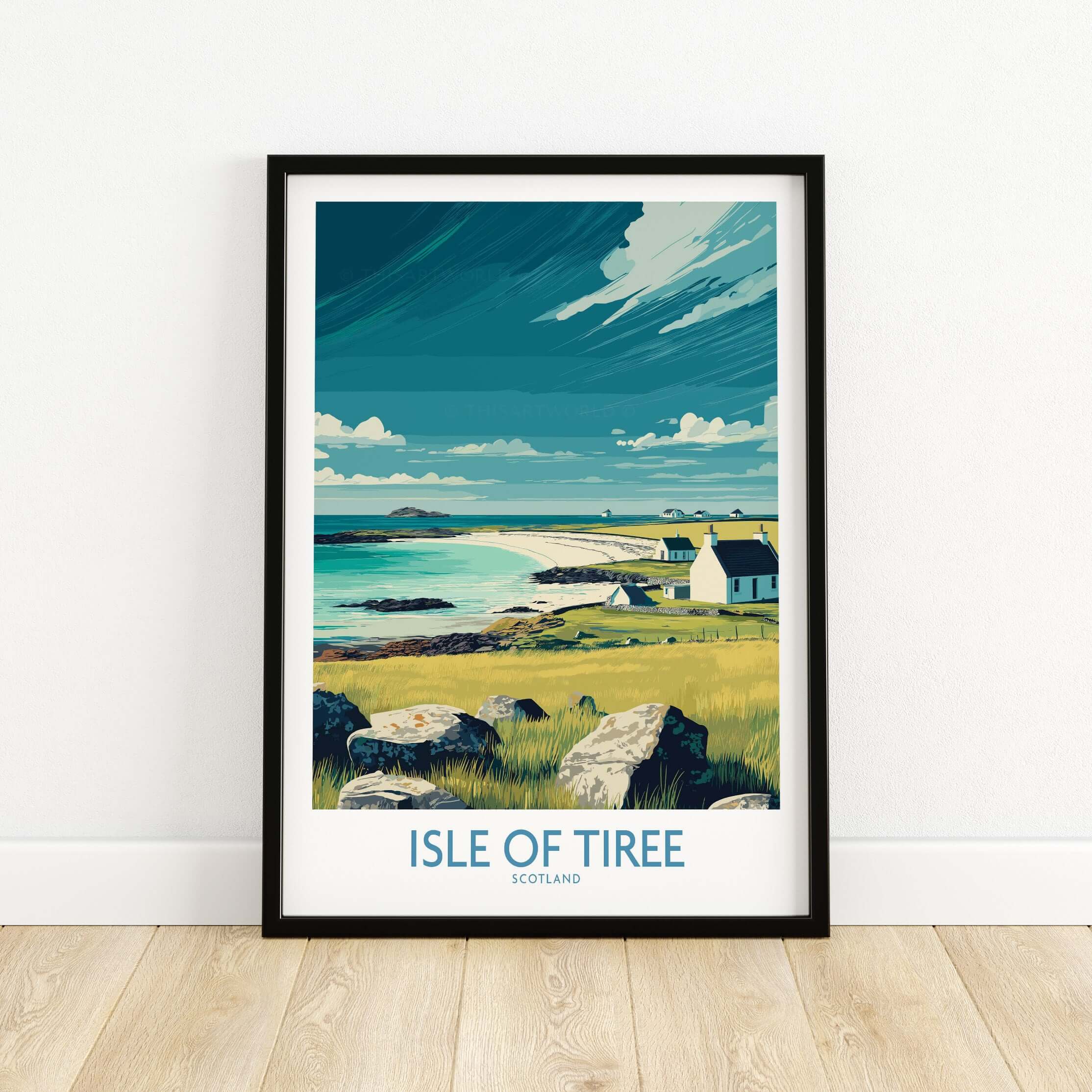 Isle of Tiree Scotland Beach Art Print | Coastal Town View Poster showcasing a serene coastal scene with cottages.