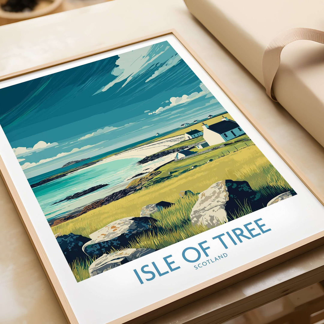 Isle of Tiree Scotland Beach Art Print | Coastal Town View Poster showcasing a serene coastal landscape with vibrant colors.