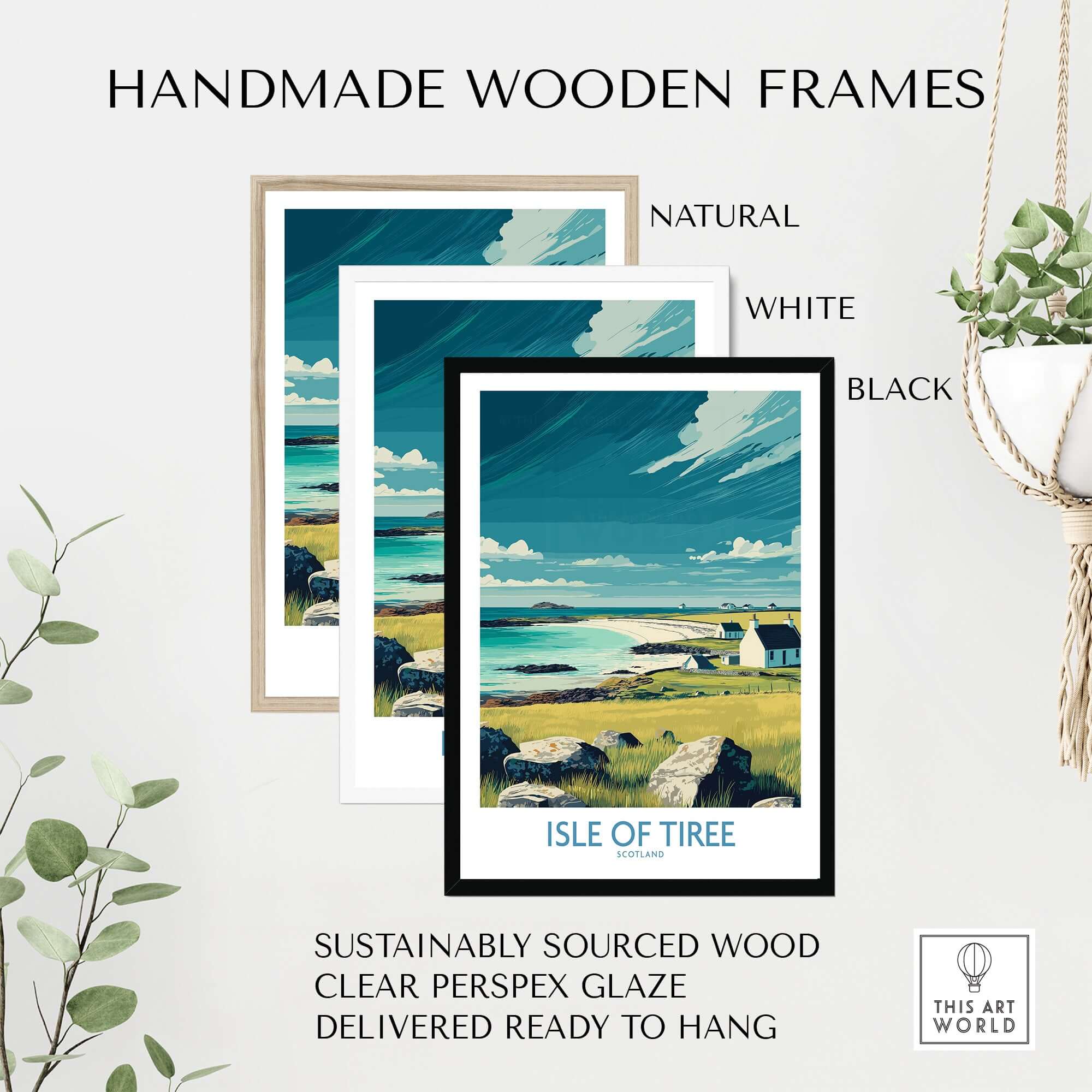 Handmade wooden frames for Isle of Tiree Scotland Beach Art Print | Coastal Town View Poster, available in natural, white, and black.