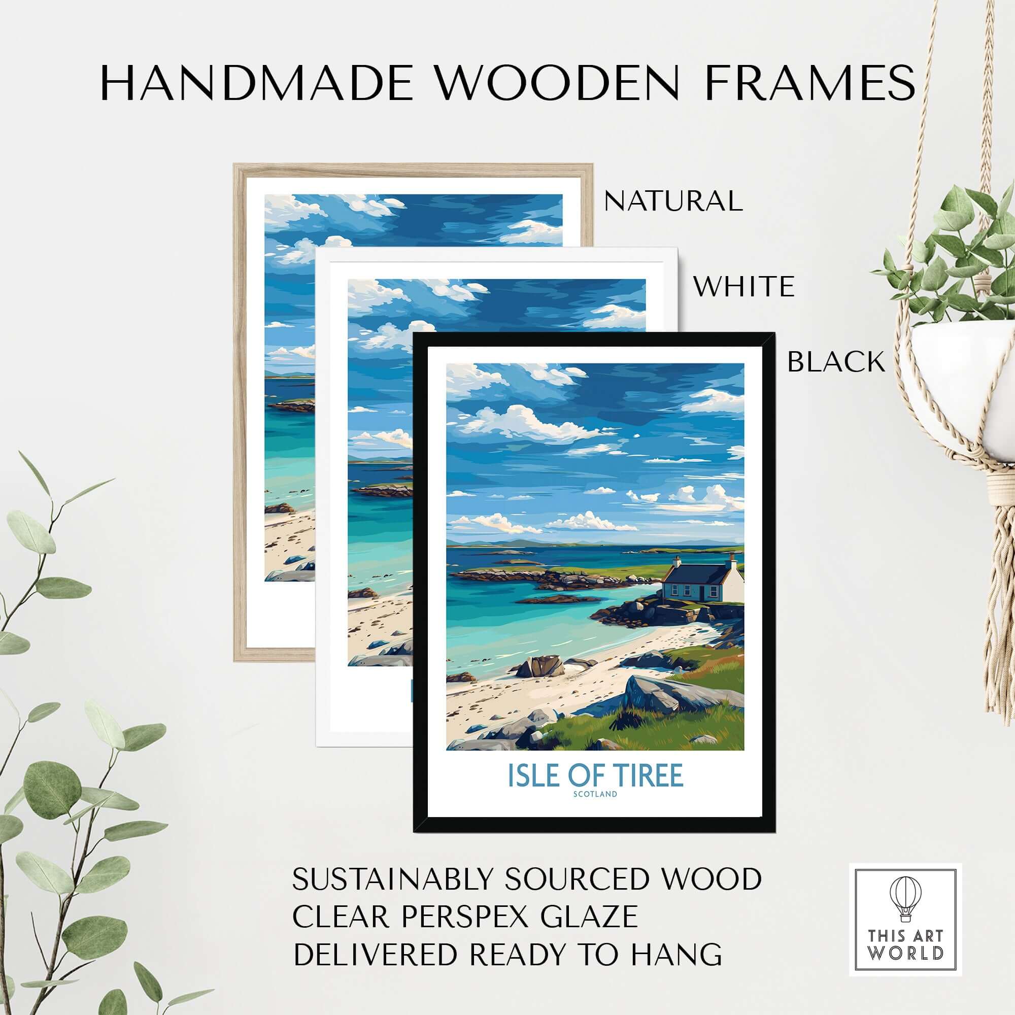 Isle of Tiree Scotland Print displayed in handmade wooden frames, showcasing natural beauty and tranquility.