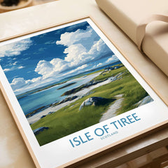 Isle of Tiree Scotland Art Print | Hebridean Landscape Poster displayed on a wooden table with framing.