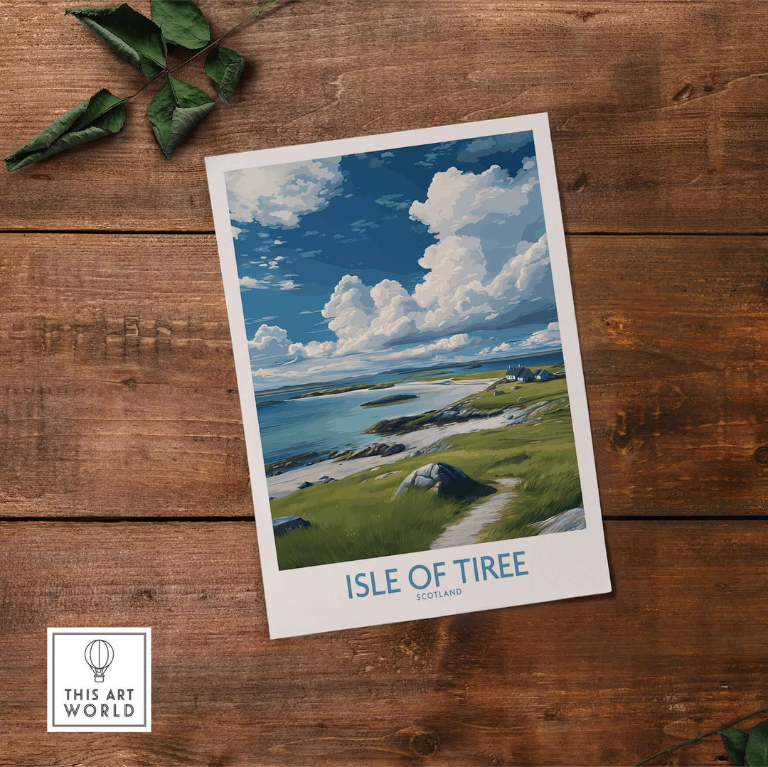 Isle of Tiree Scotland Art Print | Hebridean Landscape Poster showcasing a vibrant coastal scene with clouds and greenery.