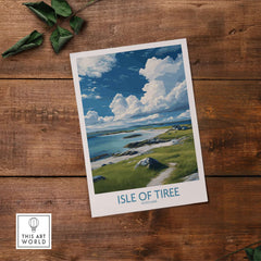 Isle of Tiree Scotland Art Print | Hebridean Landscape Poster displayed on wooden surface.