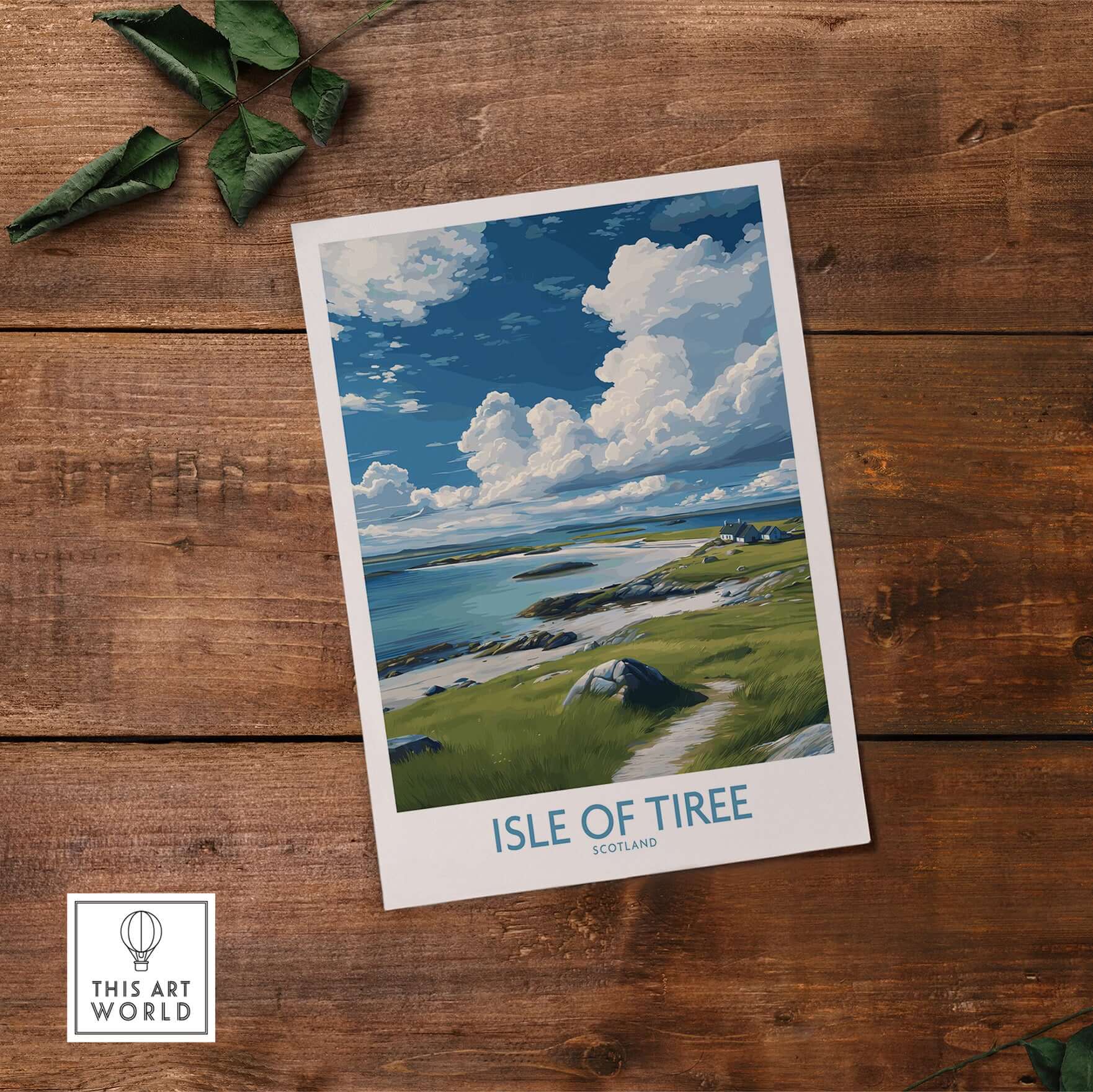 Isle of Tiree Scotland Art Print | Hebridean Landscape Poster displayed on wooden surface.