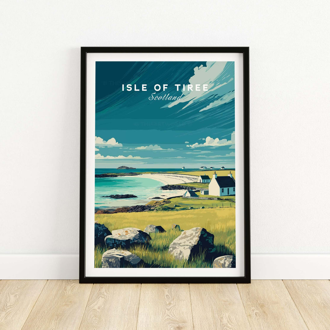 Isle of Tiree Hebridean Sea View Print | Scottish Island Wall Art framed in a modern setting with coastal scenery.