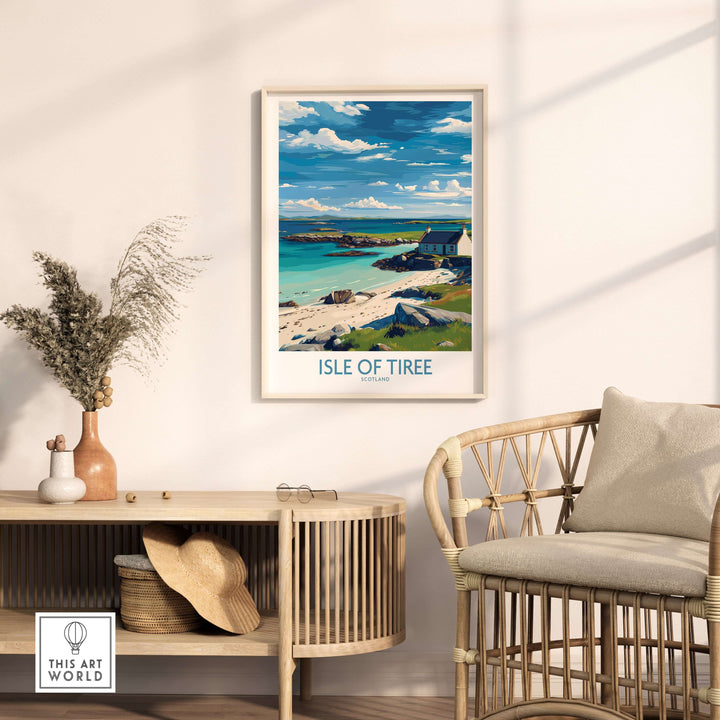 Isle of Tiree Scotland Print displayed in a stylish living room setting with natural decor.
