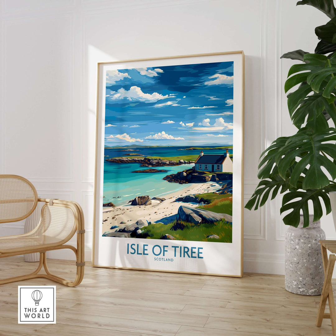Isle of Tiree Scotland Print showcasing the island's serene landscape and tranquil atmosphere in a beautiful interior setting.