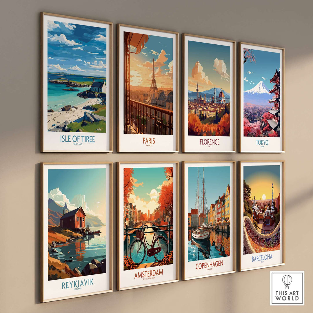 Isle of Tiree Scotland Print among framed art prints featuring iconic global landmarks.