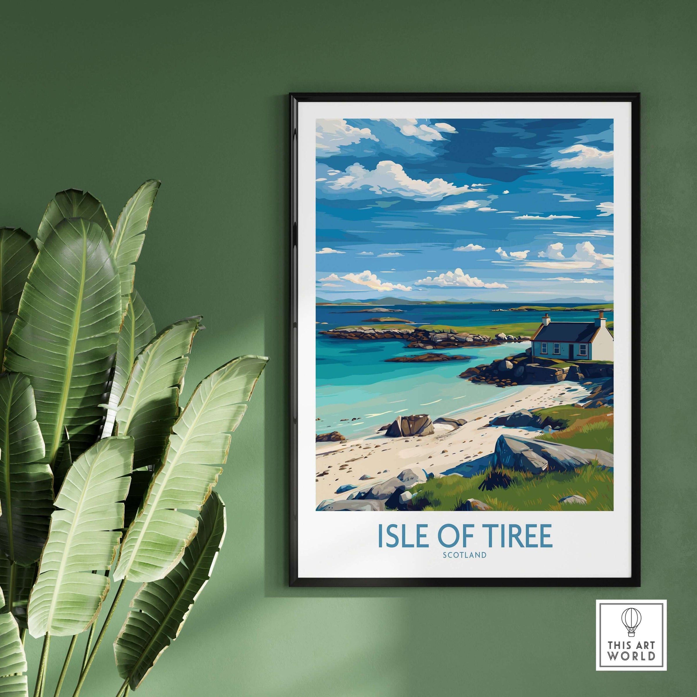 Isle of Tiree Scotland Print showcasing the island's serene beauty and unique landscape framed on a green wall.