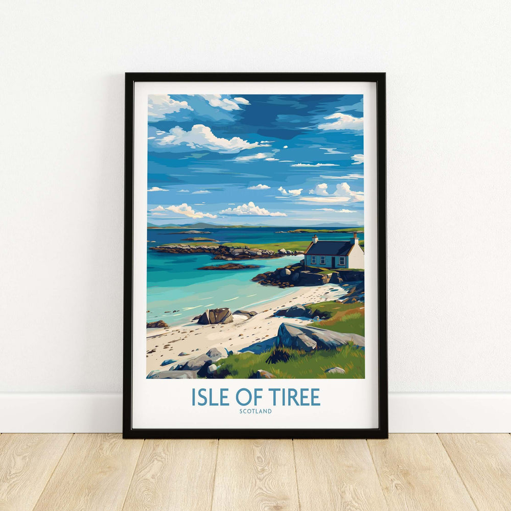 Isle of Tiree Scotland Print showcasing the island's serene coastline and vibrant sky.