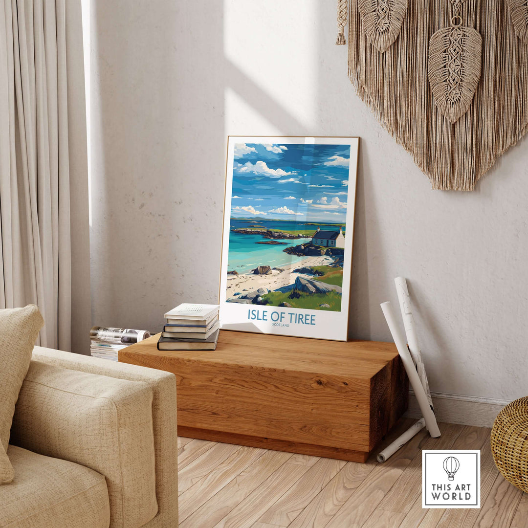 Isle of Tiree Scotland Print displayed in a cozy living room setting, showcasing the island's breathtaking scenery.