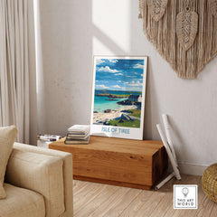 Isle of Tiree Scotland Print displayed in a cozy interior, showcasing Tiree's stunning coastal scenery.