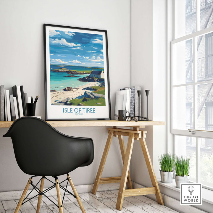 Isle of Tiree Scotland Print displayed in a modern workspace with a beach and sky scene.