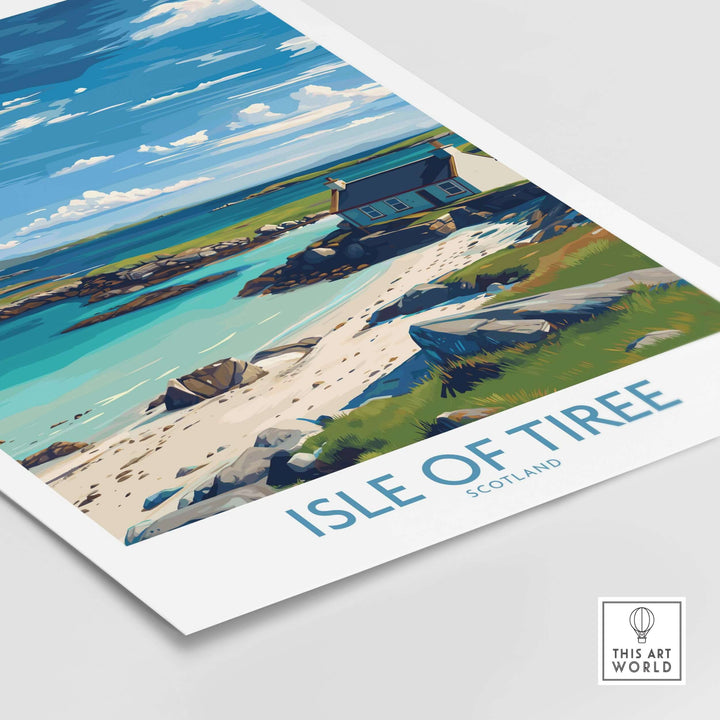 Isle of Tiree Scotland Print featuring a picturesque beach and house in vibrant colors, capturing the island's unique landscape.