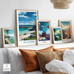 Isle of Tiree Scotland Print displayed among other travel prints on a cozy living room wall.