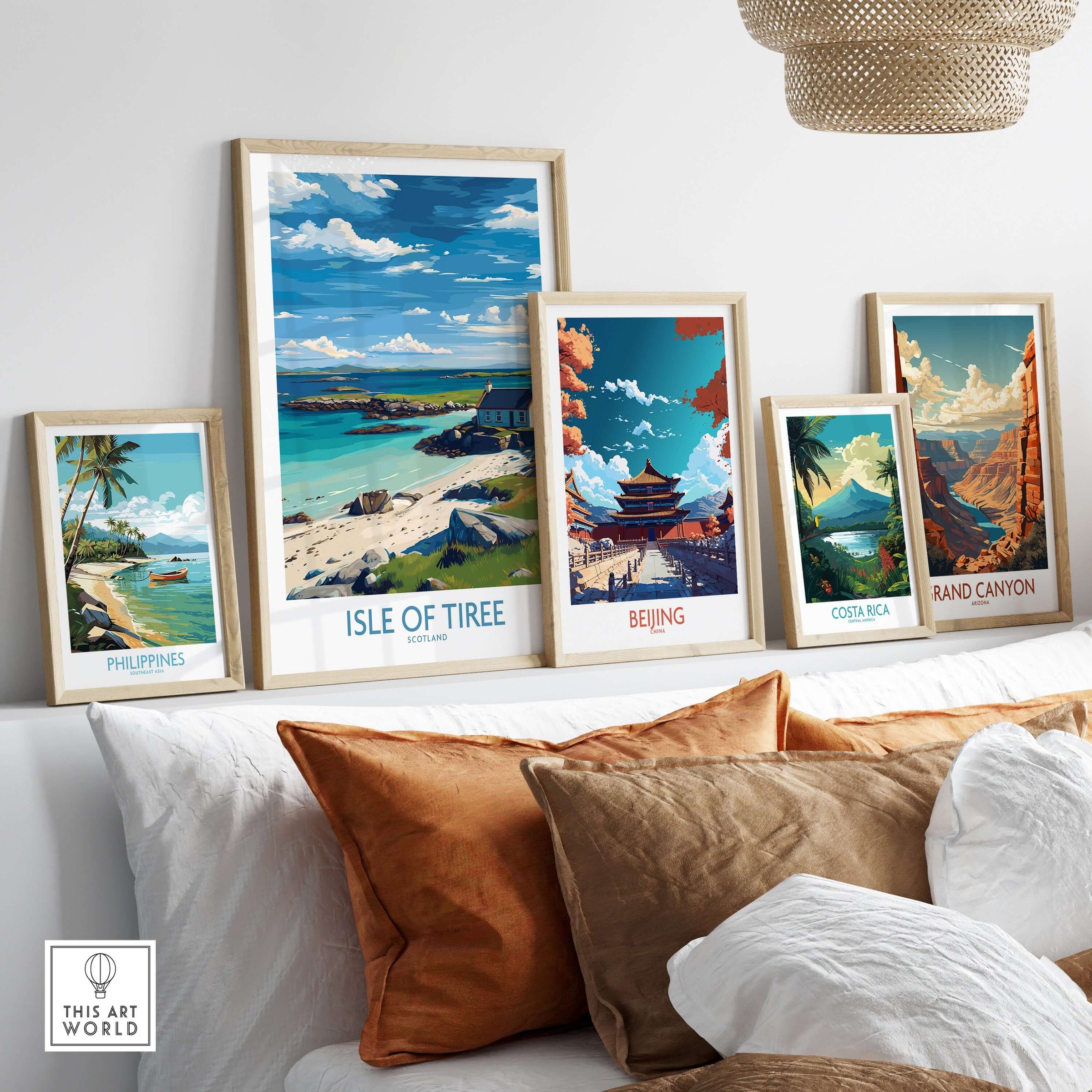 Isle of Tiree Scotland Print displayed among other travel prints on a cozy living room wall.