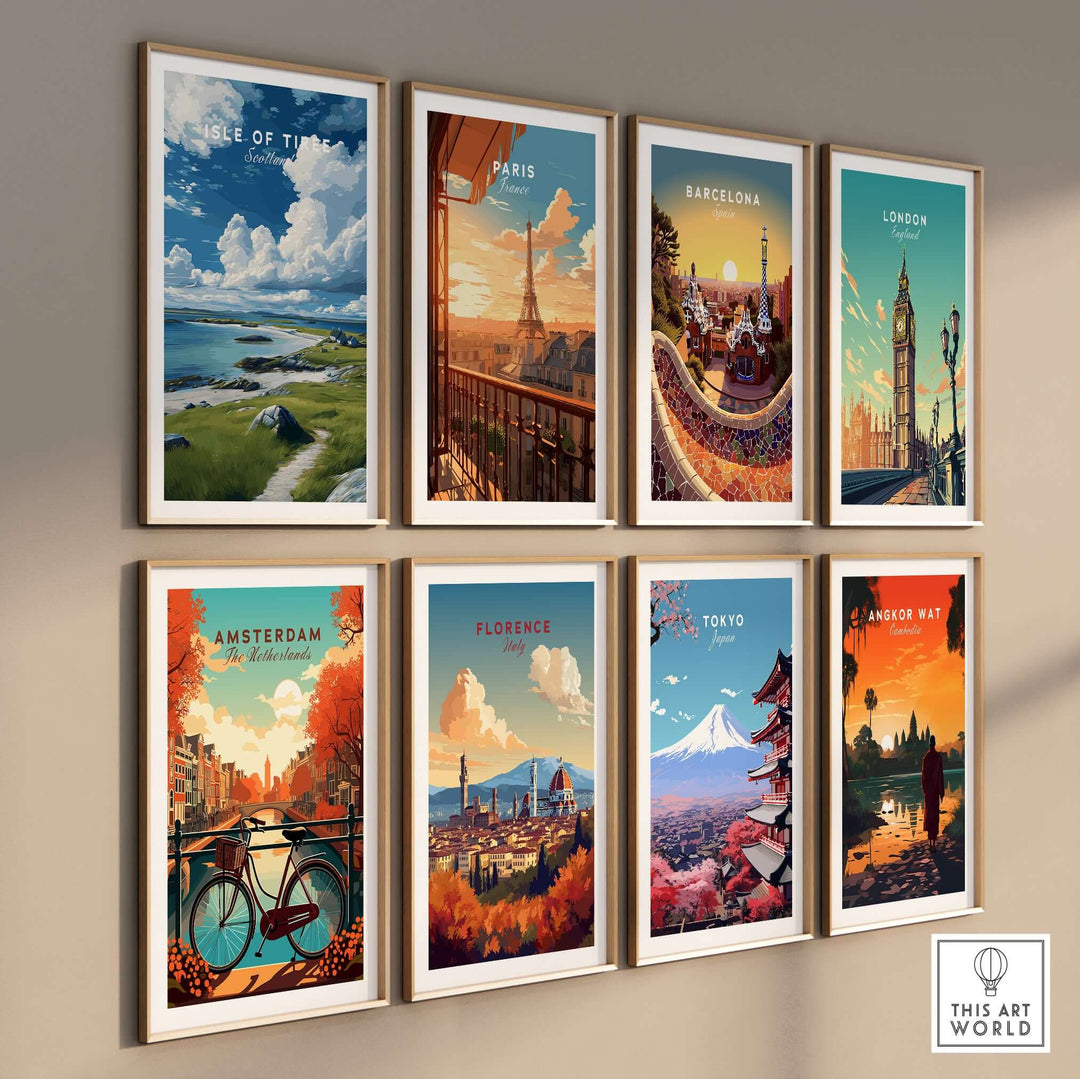 Isle of Tiree Print | Scottish Island Wall Decor showcased among vibrant city travel posters.