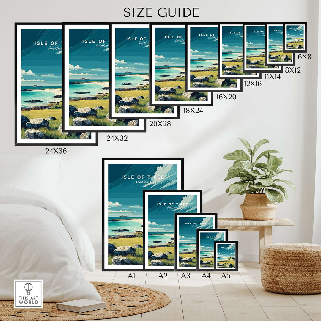 Isle of Tiree Hebridean Sea View Print | Scottish Island Wall Art size guide showcasing various frame sizes.