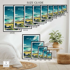 Isle of Tiree Hebridean Sea View Print | Scottish Island Wall Art size guide showcasing different frame sizes.
