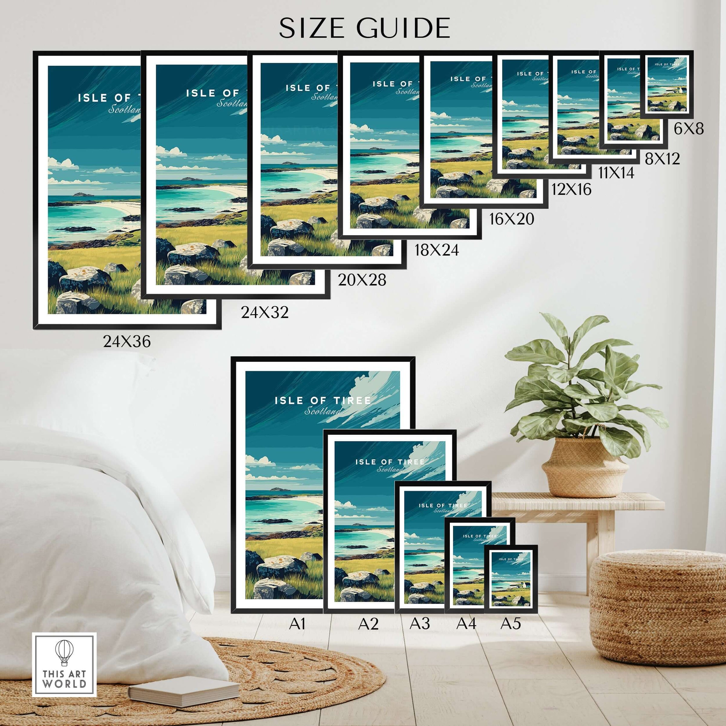 Isle of Tiree Hebridean Sea View Print | Scottish Island Wall Art size guide showcasing different frame sizes.
