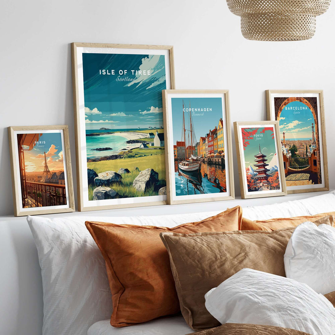 Isle of Tiree Hebridean Sea View Print | Scottish Island Wall Art displayed among other city landscape prints.