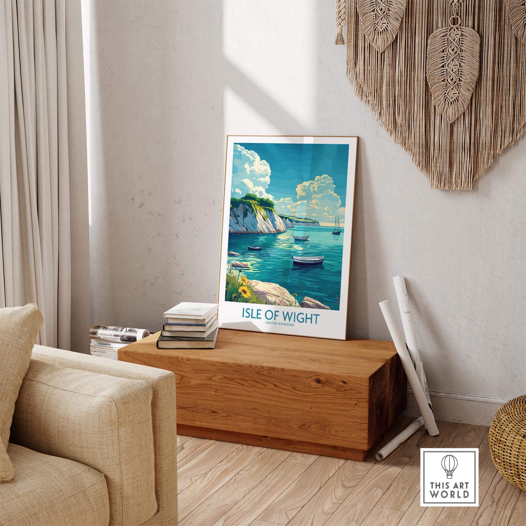 Isle of Wight Art Print showcasing vibrant landscapes and serene waters in a stylish interior setting.