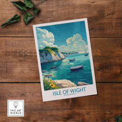 Isle of Wight Art Print showcasing a scenic landscape with boats on a vibrant blue sea, perfect for home decor.