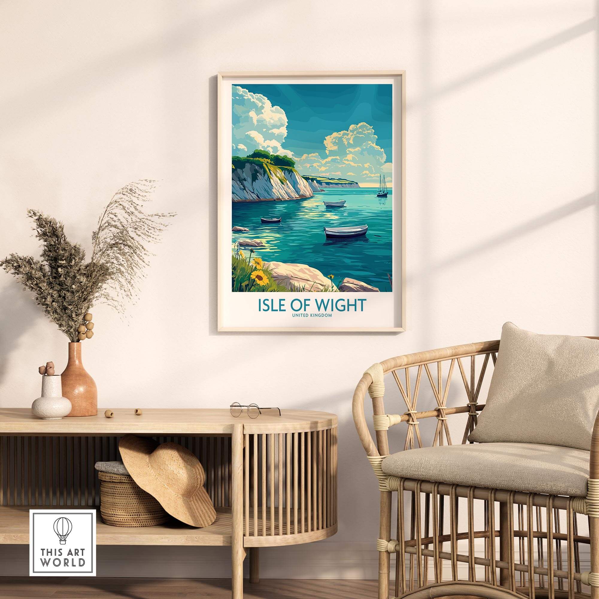 Isle of Wight Art Print displayed in a modern interior with coastal landscape and boats, enhancing home decor.