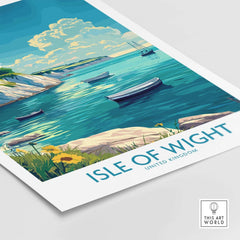 Isle of Wight Art Print showcasing a vibrant seaside landscape with boats and cliffs in the UK.
