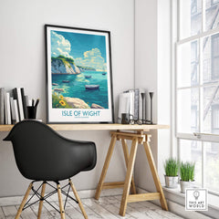 Isle of Wight Art Print displayed in a stylish home office setting with boats and scenic landscapes.