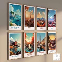 Isle of Wight Art Print and other city travel posters displayed in a gallery wall format.